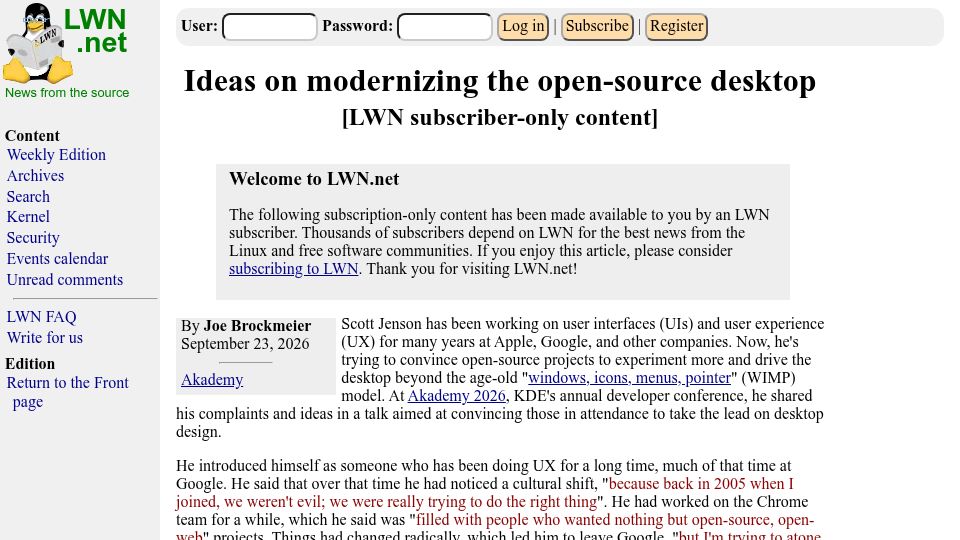 Screenshot of lwn.net: Ideas on modernizing the open-source desktop