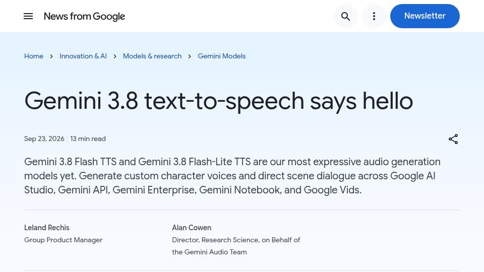 Screenshot of blog.google: Gemini 3.8 text-to-speech