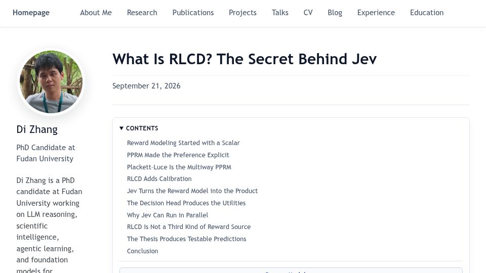 Screenshot of di-zhang-llm.github.io: What Is RLCD? The Secret Behind Jev