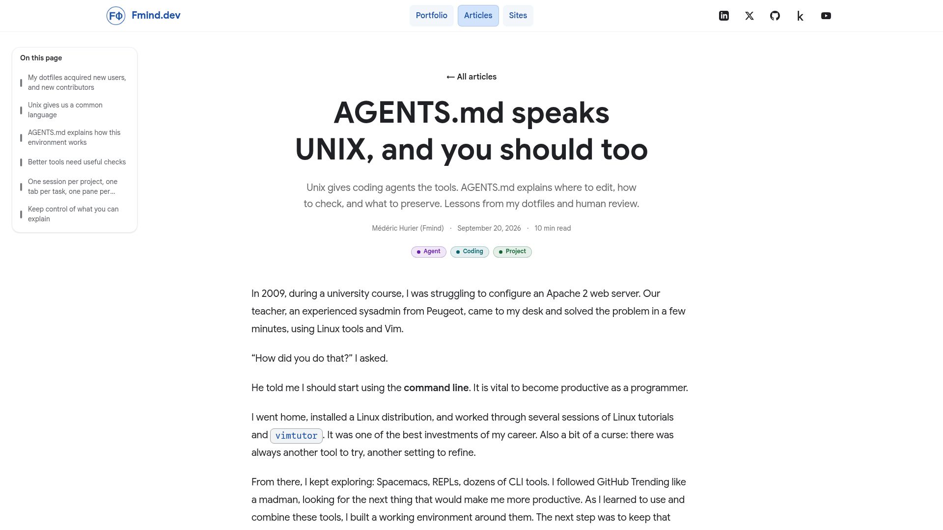 Screenshot of fmind.dev: Agents.md speaks Unix, and you should too