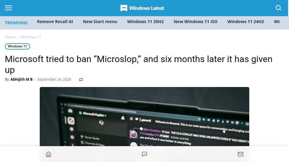 Screenshot of windowslatest.com: Microsoft tried to ban "Microslop", and six months later it has given up