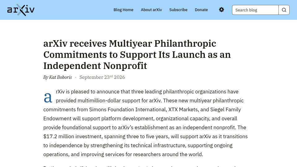 Screenshot of blog.arxiv.org: ArXiv receives multiyear commitments to support it as an independent nonprofit