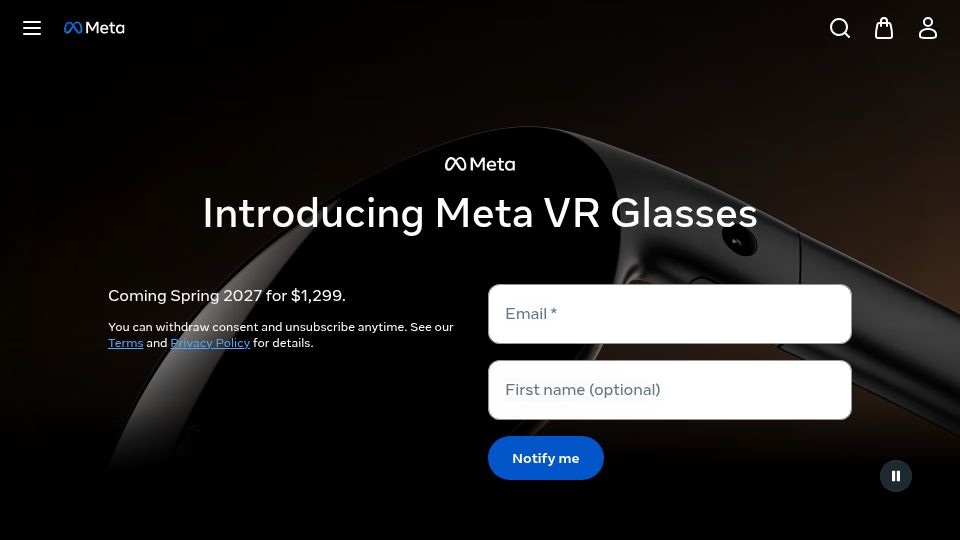 Screenshot of meta.com: Meta VR Glasses