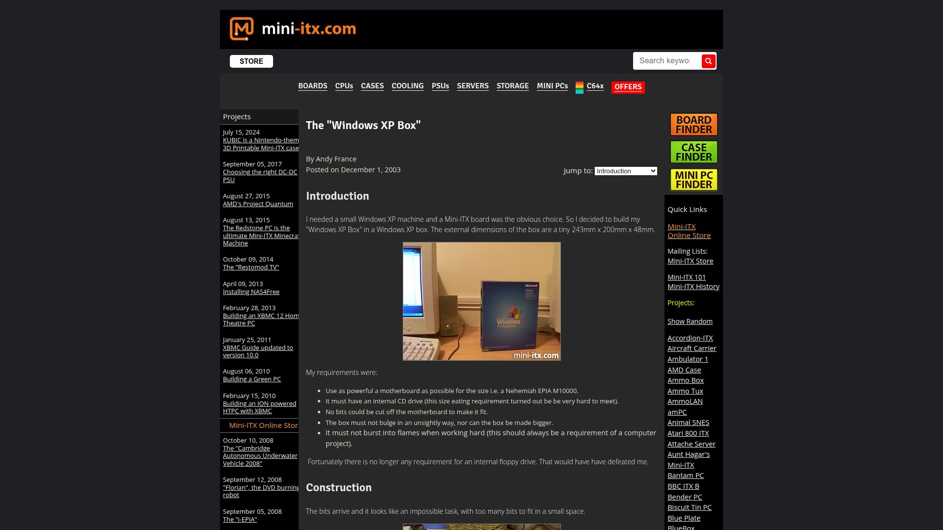 Screenshot of mini-itx.com: The "Windows XP Box" (2003)
