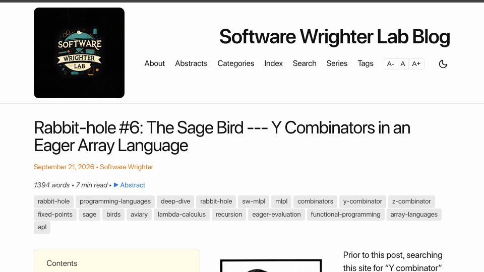 Screenshot of blog.softwarewrighter.com: Show HN: Combinators in Array Languages