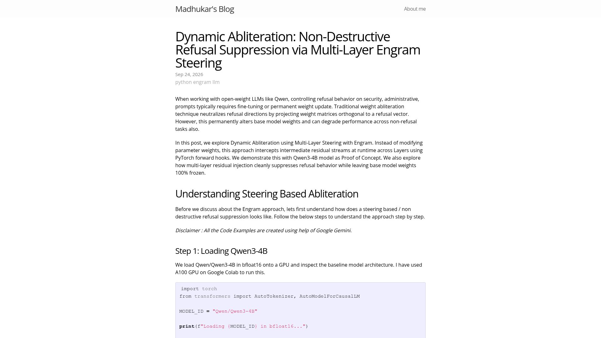Screenshot of blog.madhukaraphatak.in: Dynamic Abliteration: Non-Destructive Refusal Suppression via Engram Steering