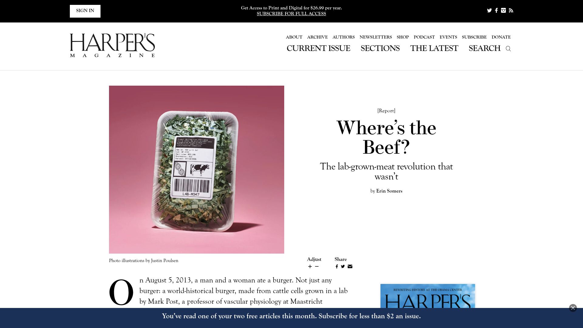 Screenshot of harpers.org: Where's the Beef?: The lab-grown-meat revolution that wasn't