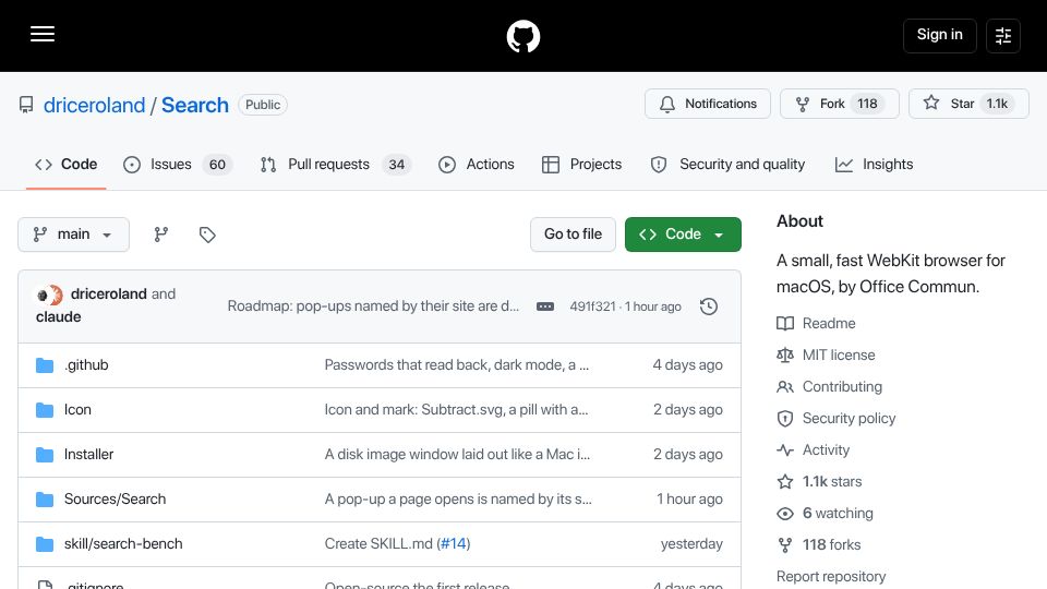 Screenshot of github.com: Search – A small, fast WebKit browser for macOS
