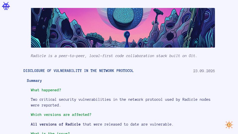 Screenshot of radicle.dev: Radicle: Disclosure of Vulnerability in the Network Protocol