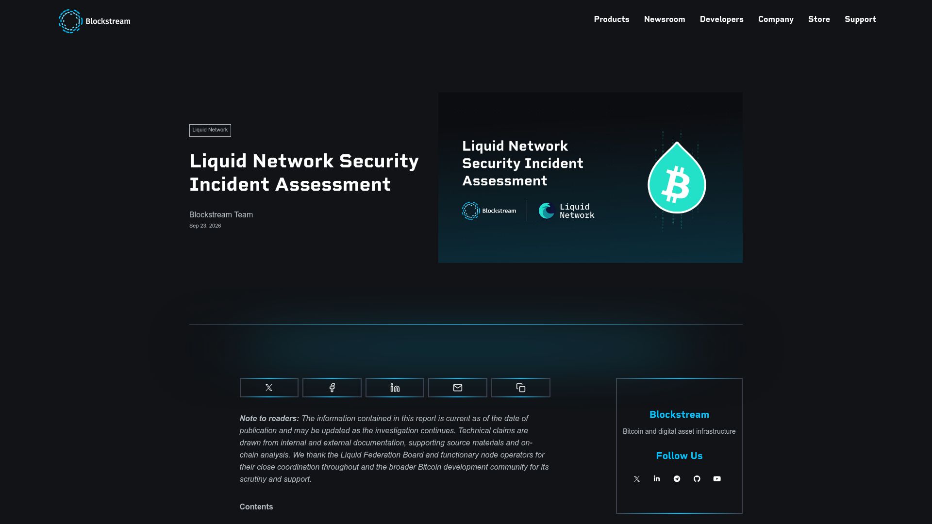 Screenshot of blog.blockstream.com: Liquid Network Security Incident Assessment