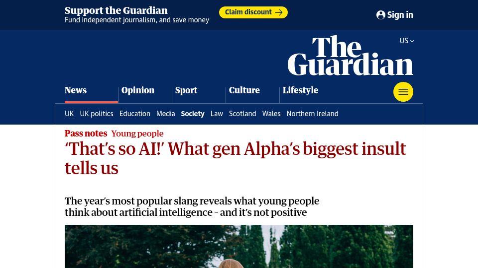 Screenshot of theguardian.com: 'That's so AI ' What gen Alpha's biggest insult tells us