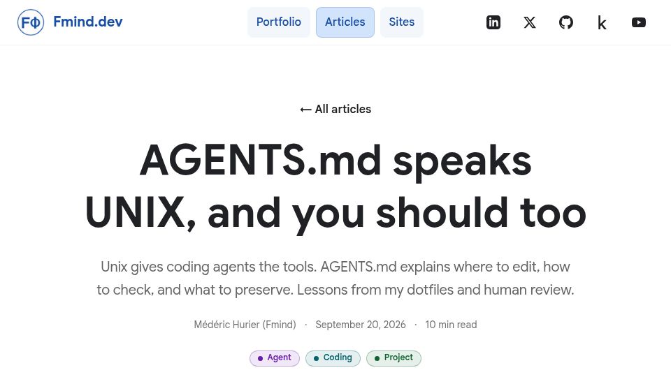 Screenshot of fmind.dev: Agents.md speaks Unix, and you should too