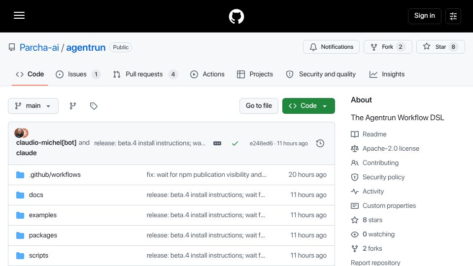 Screenshot of github.com: Show HN: AgentRun: DSL to turn agents into workflows