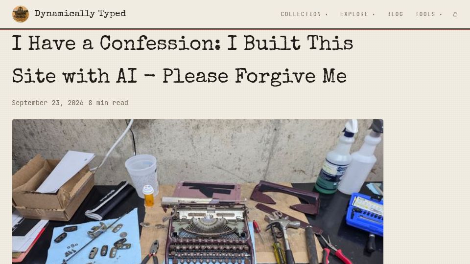 Screenshot of dynamicallytyped.org: I Have a Confession: I Built This Site with AI – Please Forgive Me