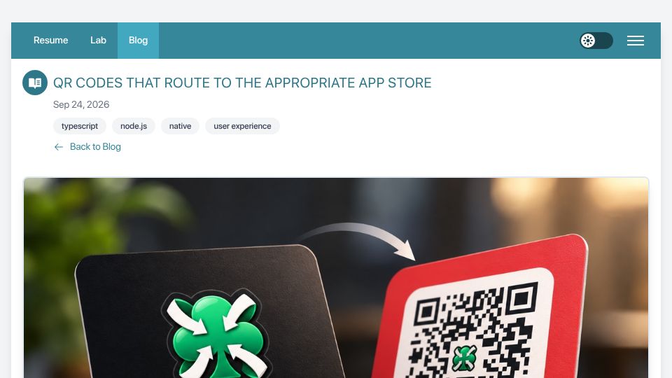 Screenshot of matthuggins.com: QR Codes That Route to the Appropriate App Store
