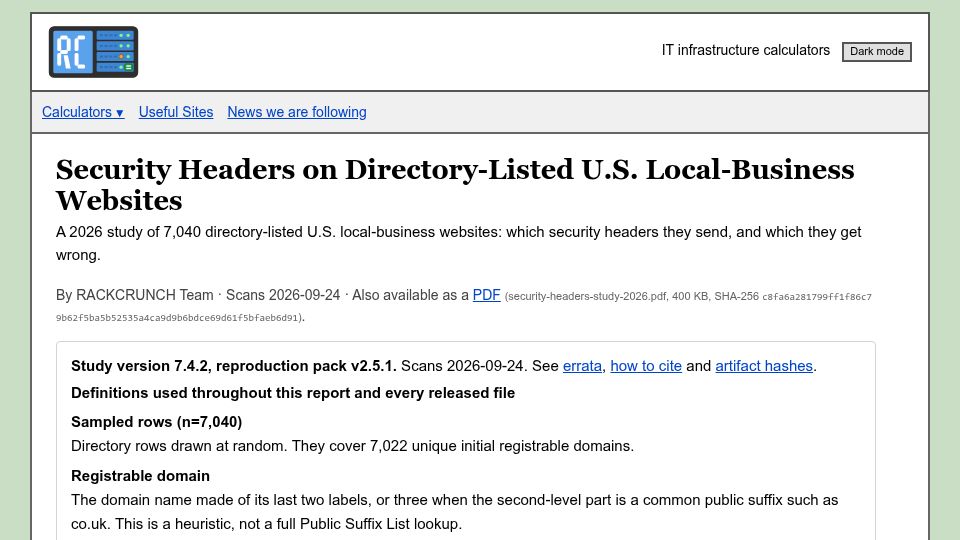 Screenshot of rackcrunch.com: Security headers on 4,688 small-business websites: 49.7% met none of 7 criteria