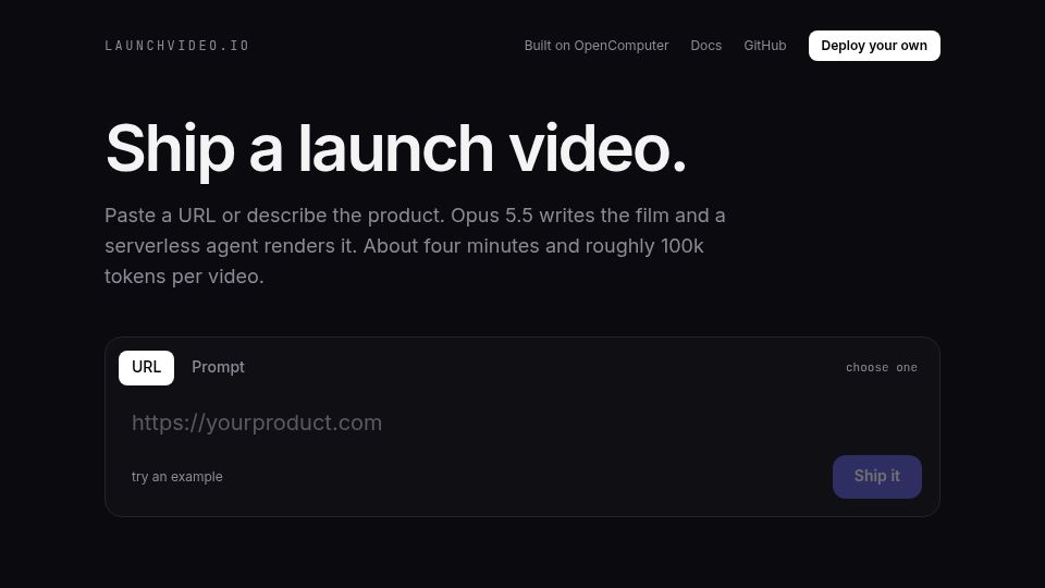 Screenshot of launchvideo.io: Opus 5.5 is good at explainer videos