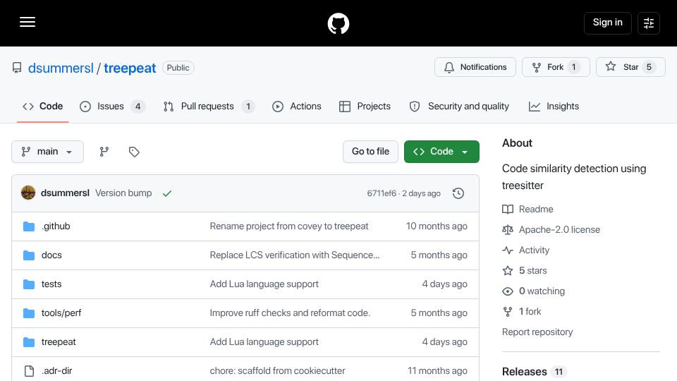 Screenshot of github.com: Show HN: Treepeat – Code similarity detection using Tree-sitter