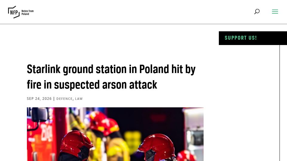 Screenshot of notesfrompoland.com: Starlink ground station in Poland hit by fire in suspected arson attack