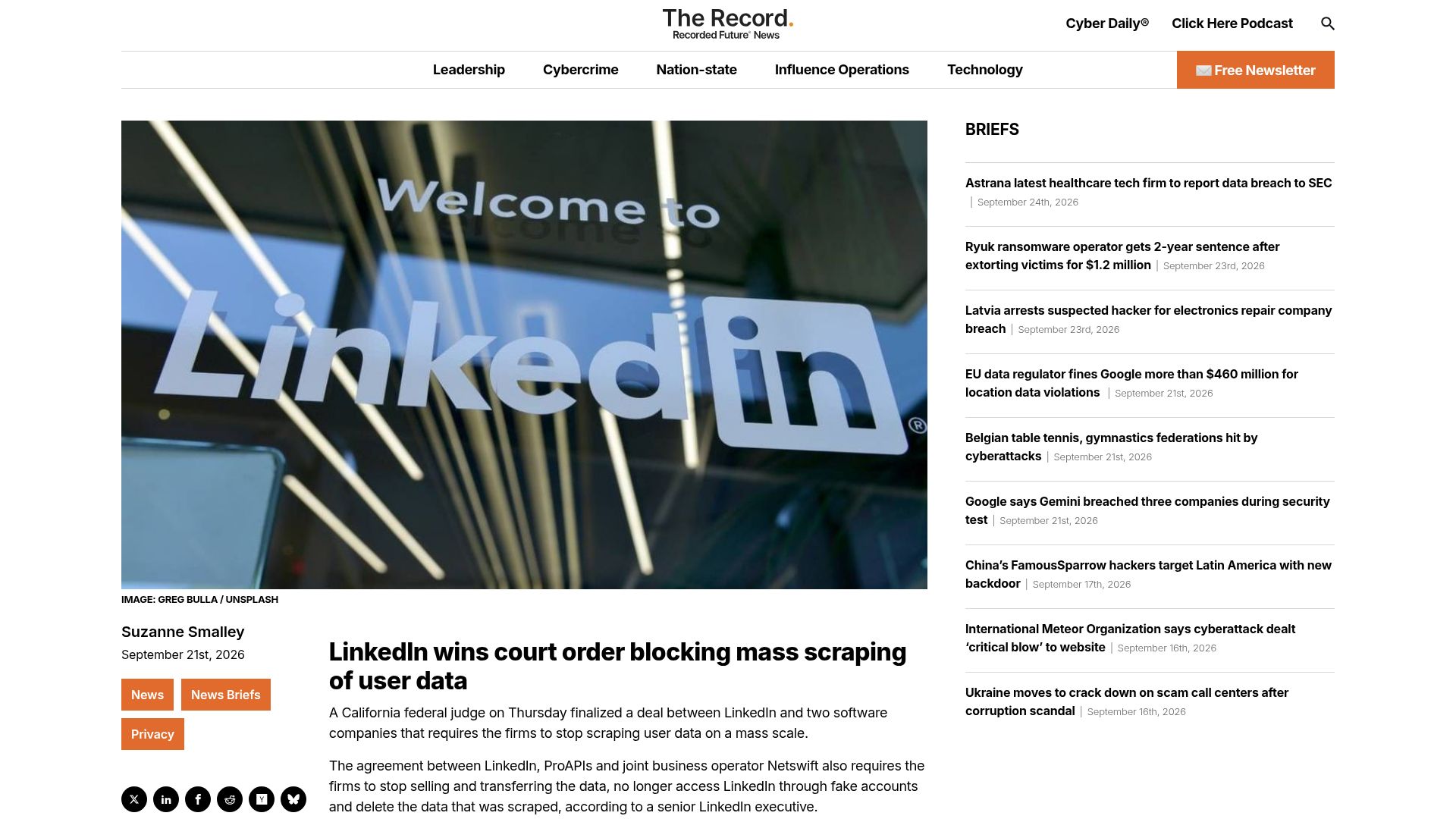 Screenshot of therecord.media: LinkedIn wins court order blocking mass scraping of user data