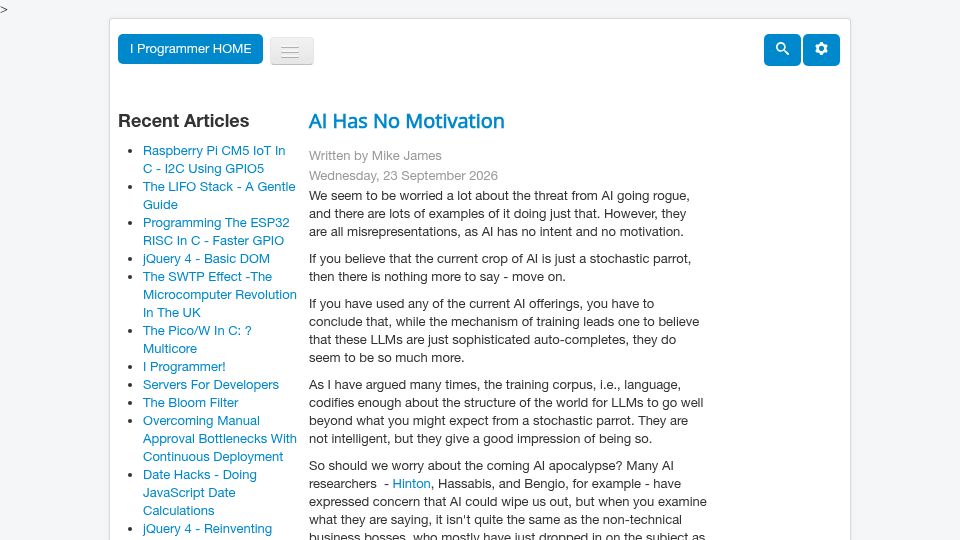 Screenshot of i-programmer.info: AI has no intent and no motivation