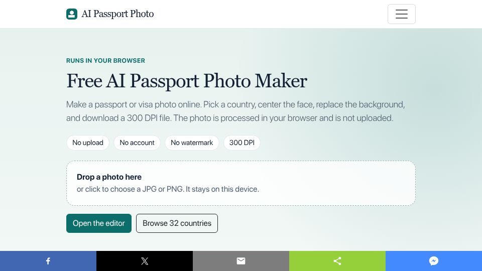Screenshot of aipassportphoto.org: AI Passport Photo