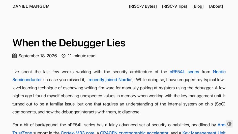Screenshot of danielmangum.com: When the Debugger Lies