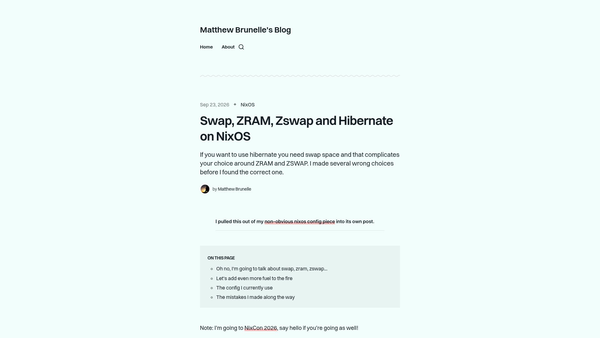 Screenshot of blog.matthewbrunelle.com: Swap, ZRAM, Zswap and Hibernate on NixOS