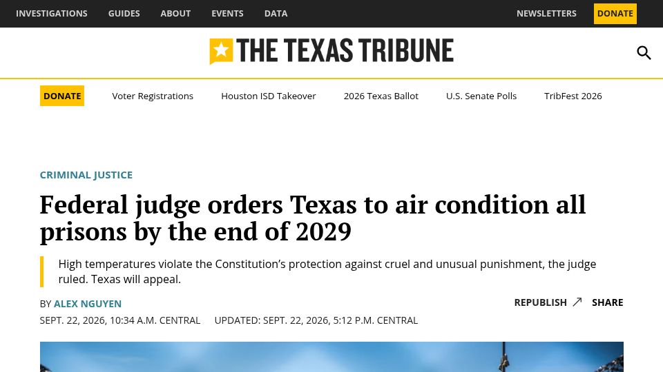 Screenshot of texastribune.org: Federal judge orders Texas to air condition all prisons by the end of 2029