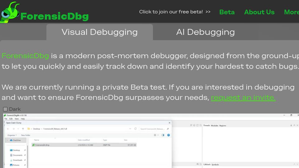 Screenshot of forensicdbg.com: Show HN: I built a post-mortem debugger for native Windows x64/x86 crashes