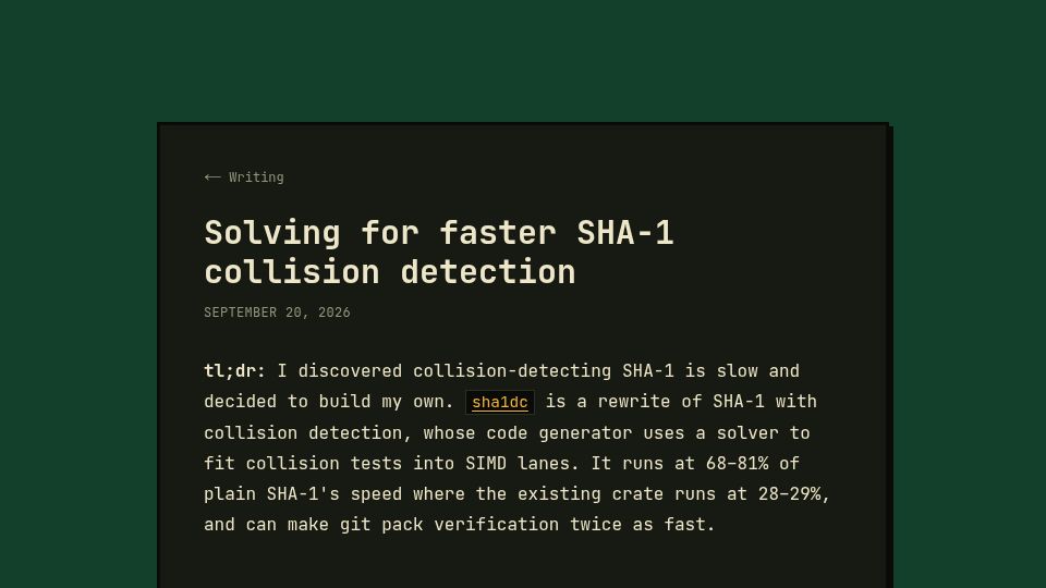 Screenshot of sam.dev: Solving for faster SHA-1 collision detection