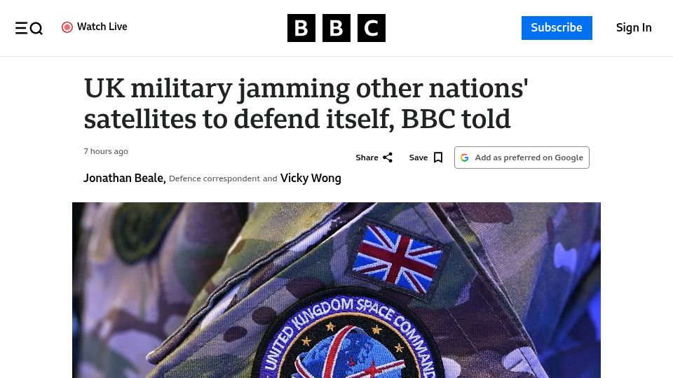 Screenshot of bbc.com: UK military jamming other nations' satellites to defend itself, BBC told