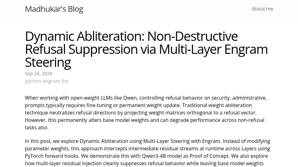 Screenshot of blog.madhukaraphatak.in: Dynamic Abliteration: Non-Destructive Refusal Suppression via Engram Steering
