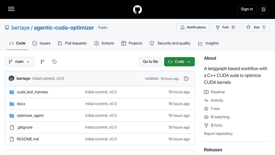 Screenshot of github.com: Show HN: Agentic CUDA Kernel Optimizer