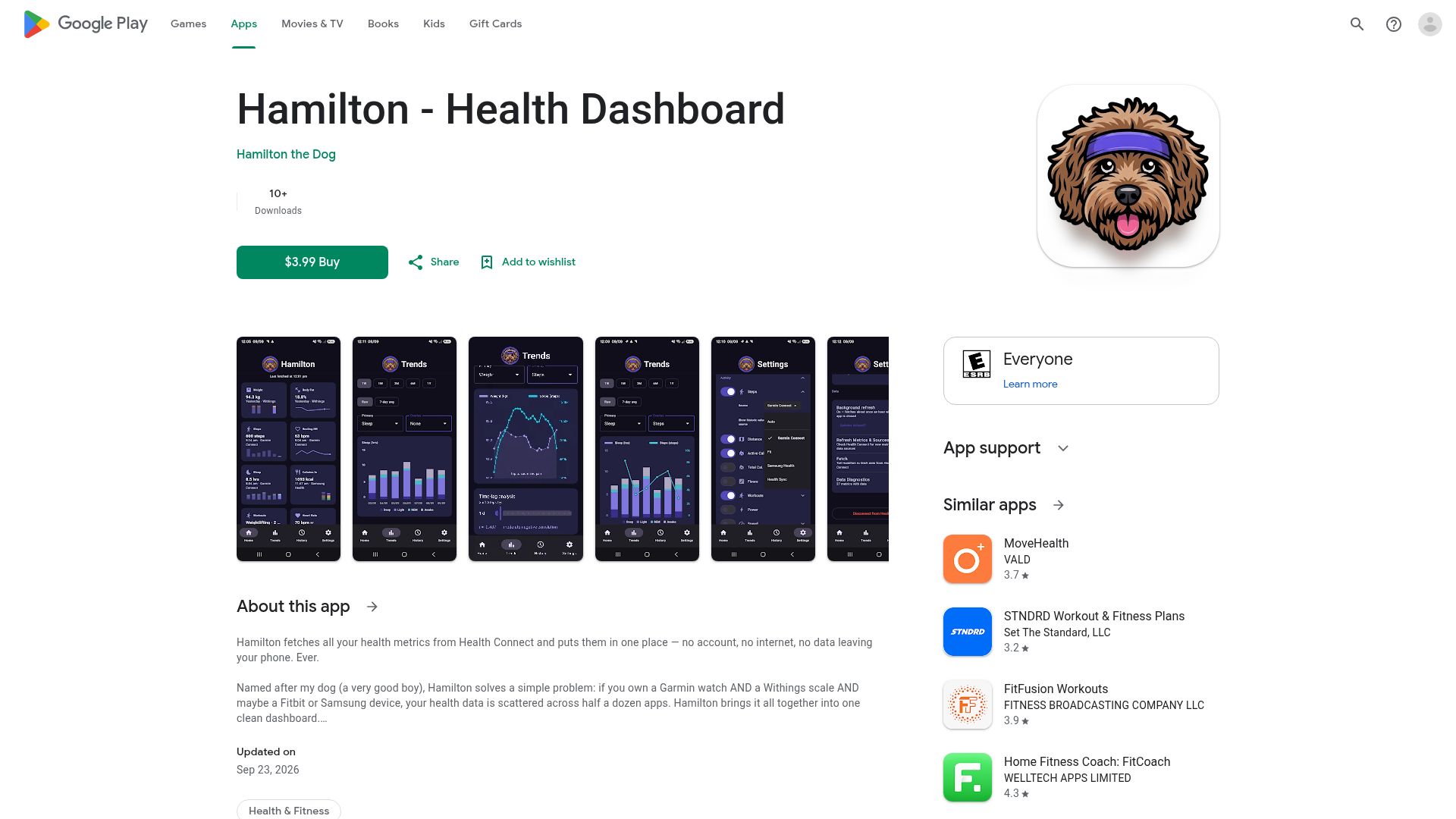 Screenshot of play.google.com: Show HN: Hamilton – a no-internet Android health dashboard, named after my dog