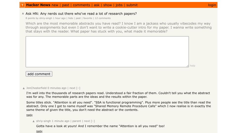 Screenshot of Hacker News post: Ask HN: Any nerds out there who've read a lot of research papers?