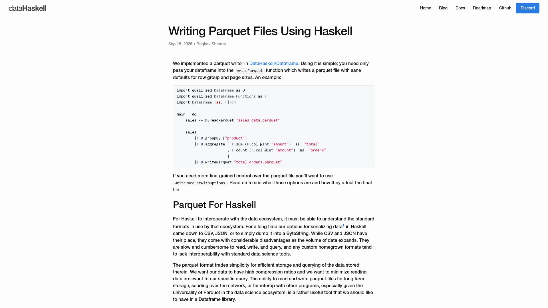 Screenshot of datahaskell.org: Writing Parquet files using Haskell