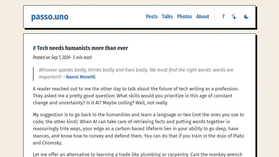 Screenshot of passo.uno: Tech Needs Humanists More