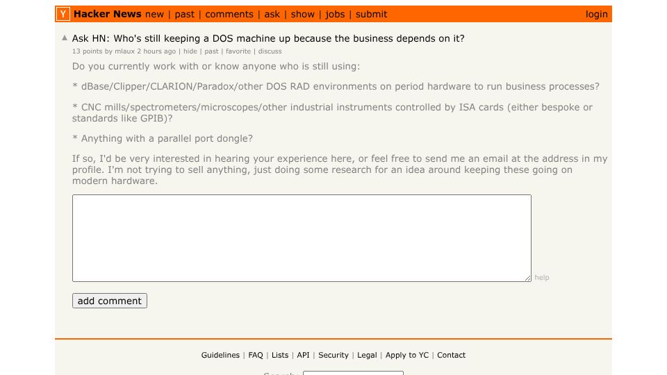 Screenshot of Hacker News post: Ask HN: Who's still keeping a DOS machine up because the business depends on it?