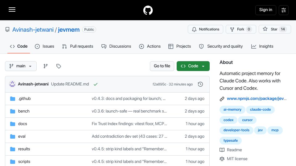 Screenshot of github.com: Jevmem – automatic project memory for Claude Code, built on Jev