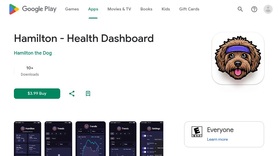 Screenshot of play.google.com: Show HN: Hamilton – a no-internet Android health dashboard, named after my dog