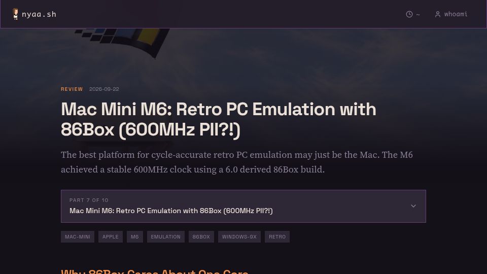Screenshot of nyaa.sh: Pentium II at 600Mhz with Voodoo 3 Emulated on 86Box with M6 Mac Mini