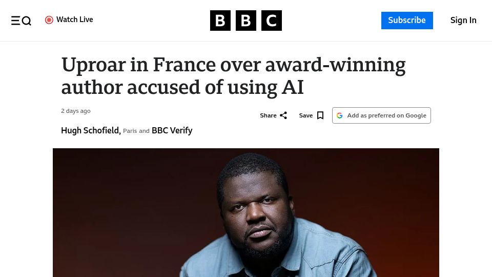 Screenshot of bbc.com: Uproar in France over award-winning author accused of using AI