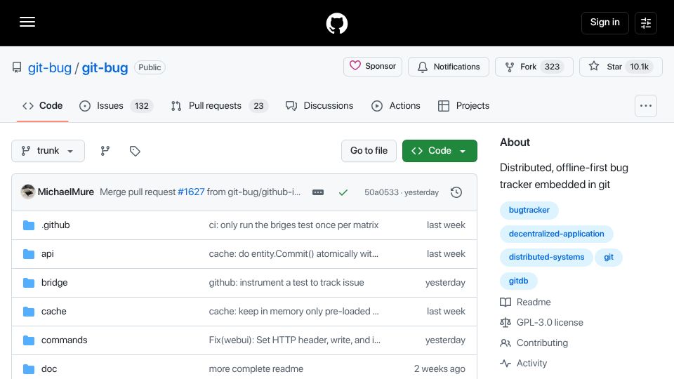 Screenshot of github.com: Git-bug: Distributed, offline-first bug tracker embedded in Git