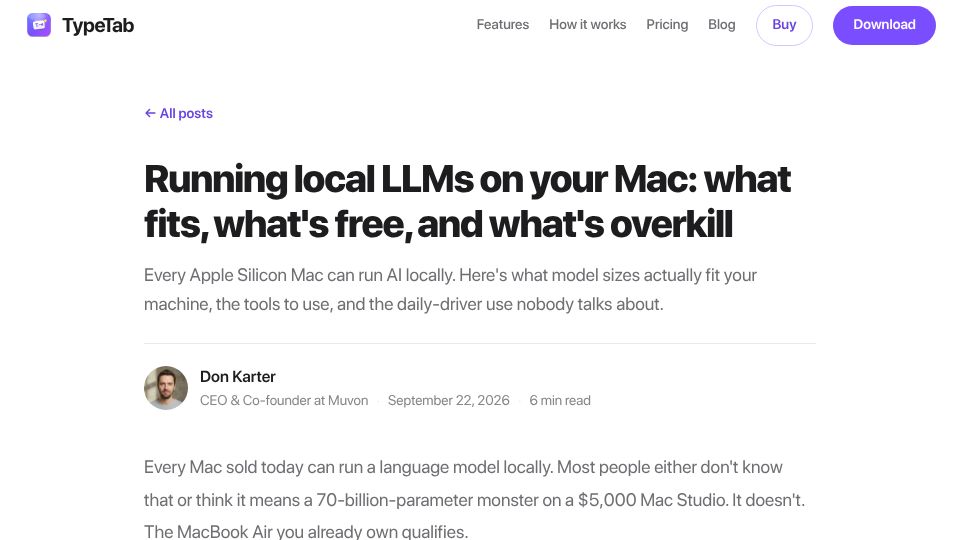 Screenshot of typetab.app: Running local LLMs on your Mac: what fits, what's free, and what's overkill