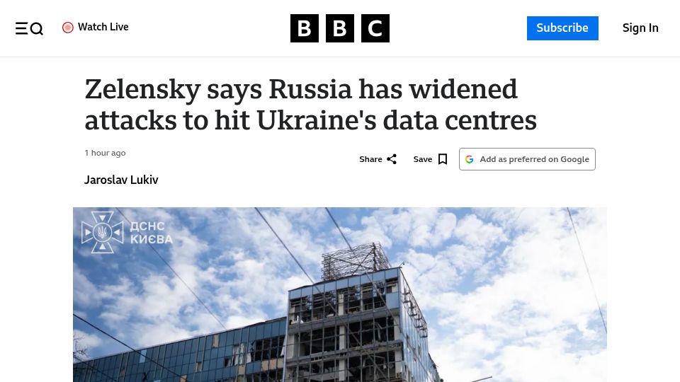 Screenshot of bbc.com: Zelensky says Russia has widened attacks to hit Ukraine's data centres