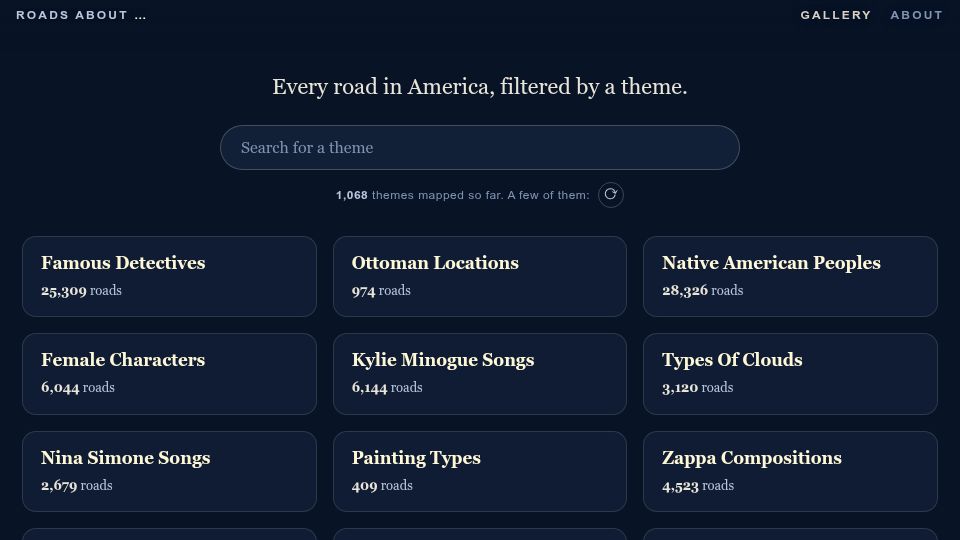 Screenshot of road-about-a-theme.pinedesk.biz: Show HN: I discovered roads in the US across > 1000 themes