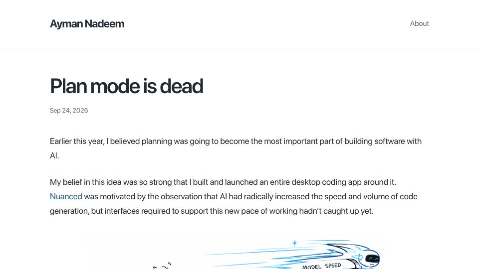 Screenshot of aymannadeem.com: Plan mode is dead