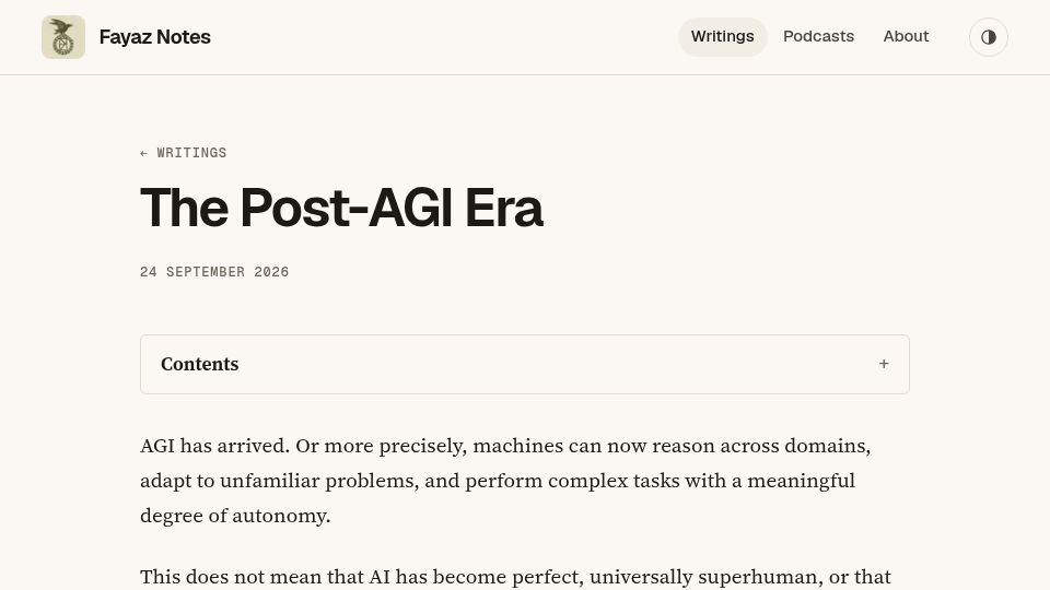 Screenshot of avidfayaz.com: The Post-AGI Era