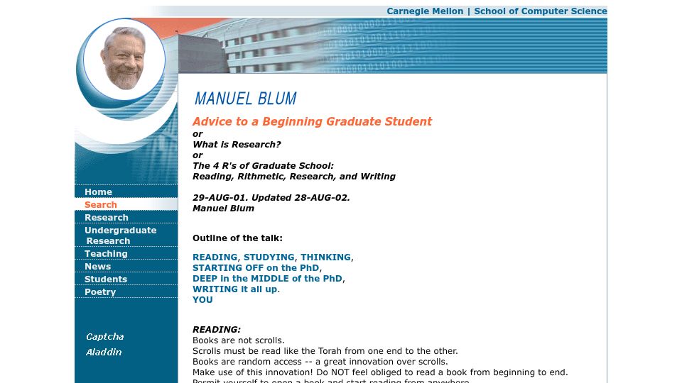 Screenshot of cs.cmu.edu: Advice to a Beginning Graduate Student (2001)
